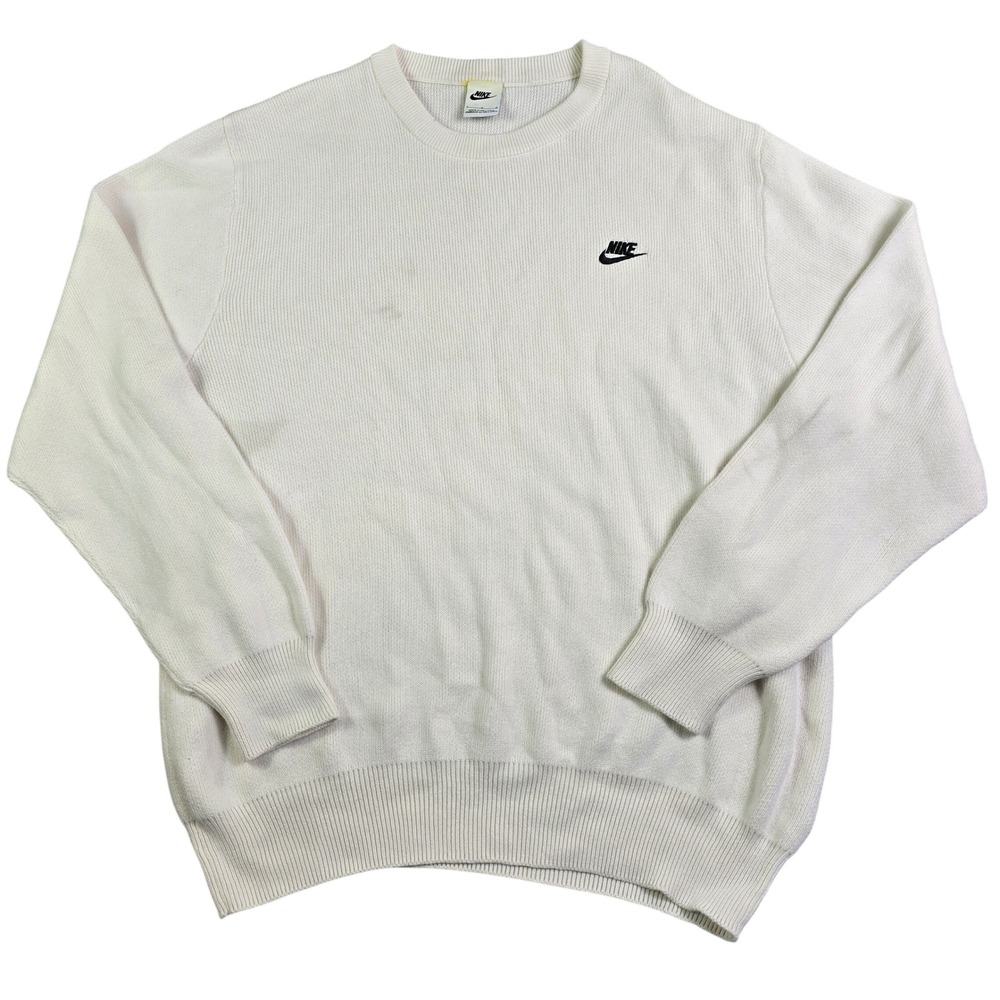 Nike Crewneck Sweater Mens Large Cream Cotton Knit Embroidered Logo Damaged Crew
